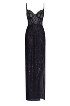 Astonishing sequined maxi gown on spaghetti straps with short briefs