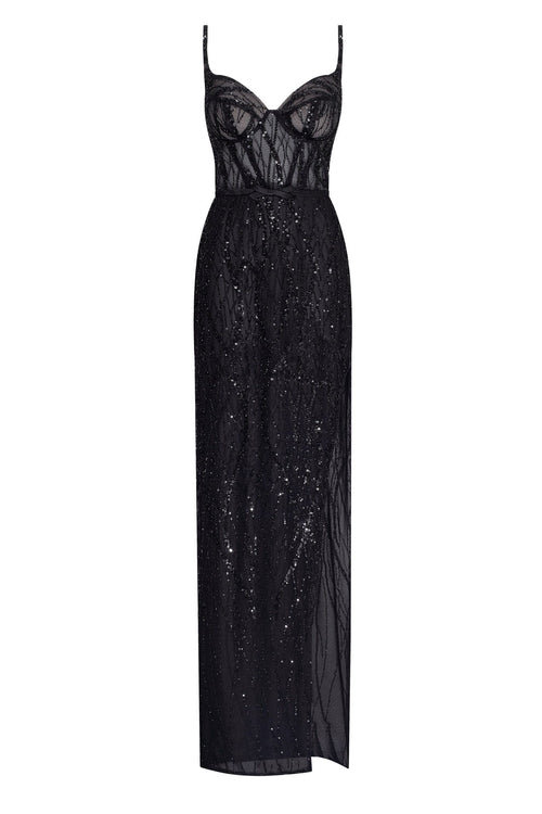 Astonishing sequined maxi gown on spaghetti straps with short briefs