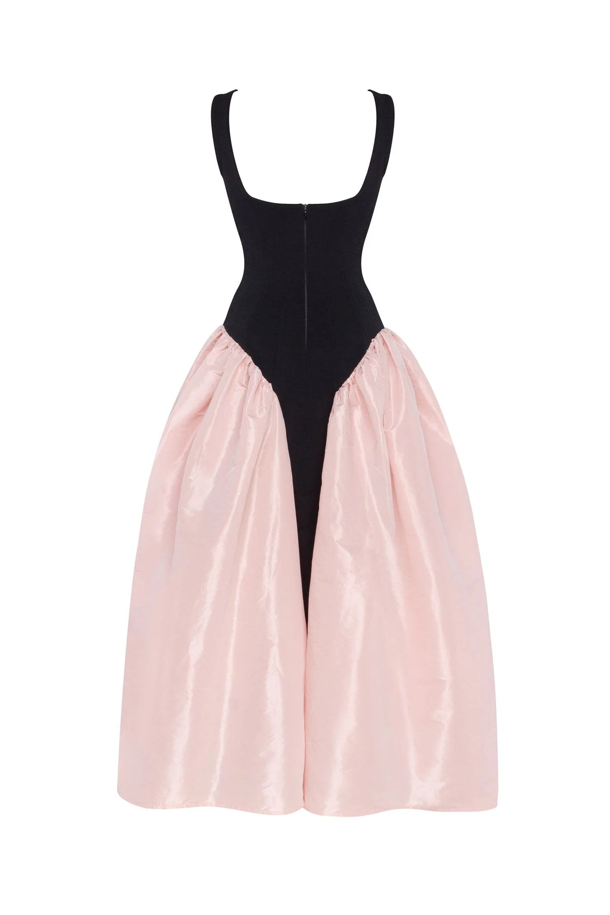 Black corset dress on straps with a glossy pink midi skirt
