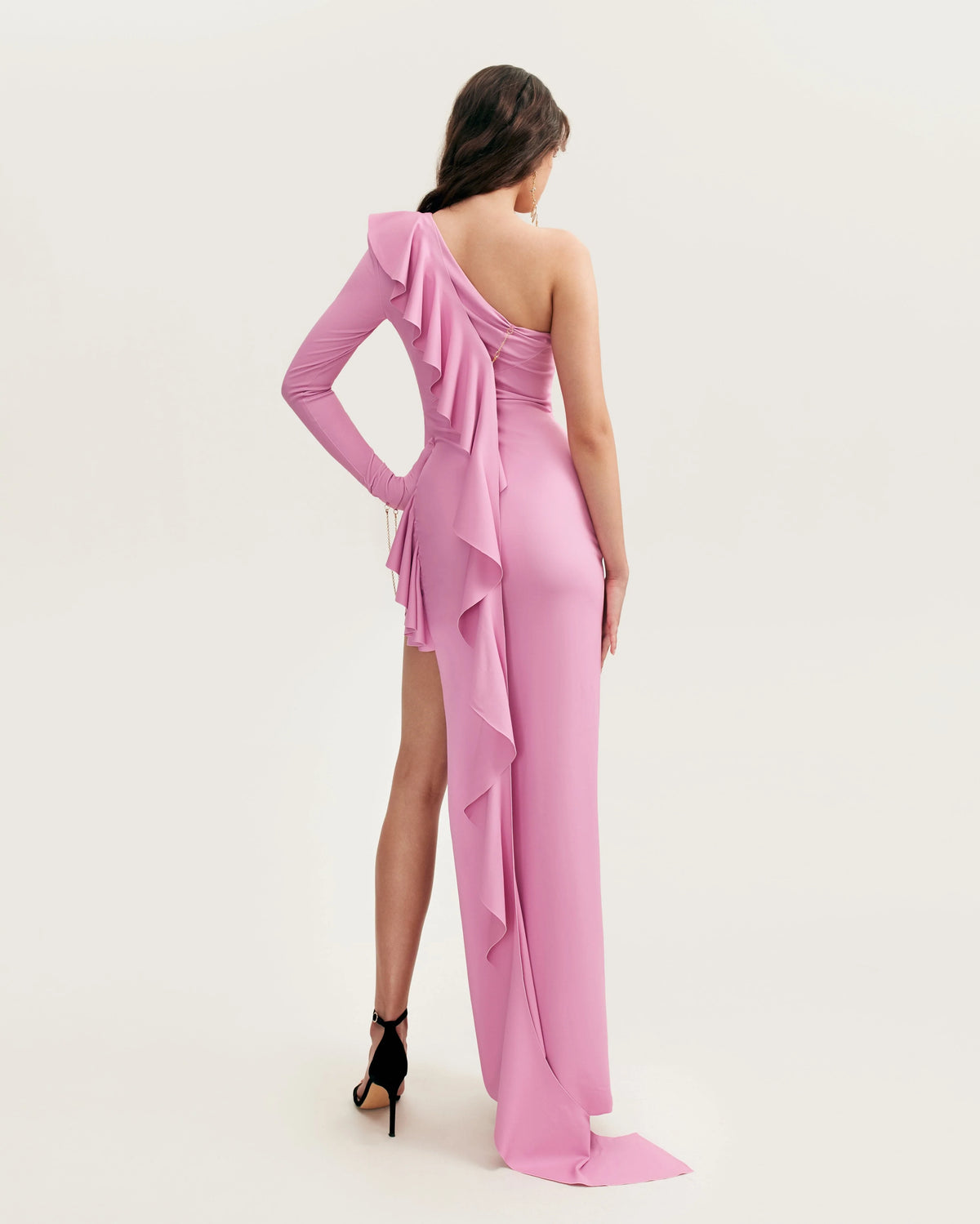 One shoulder ruffle trimmed maxi dress in pink Xo Xo