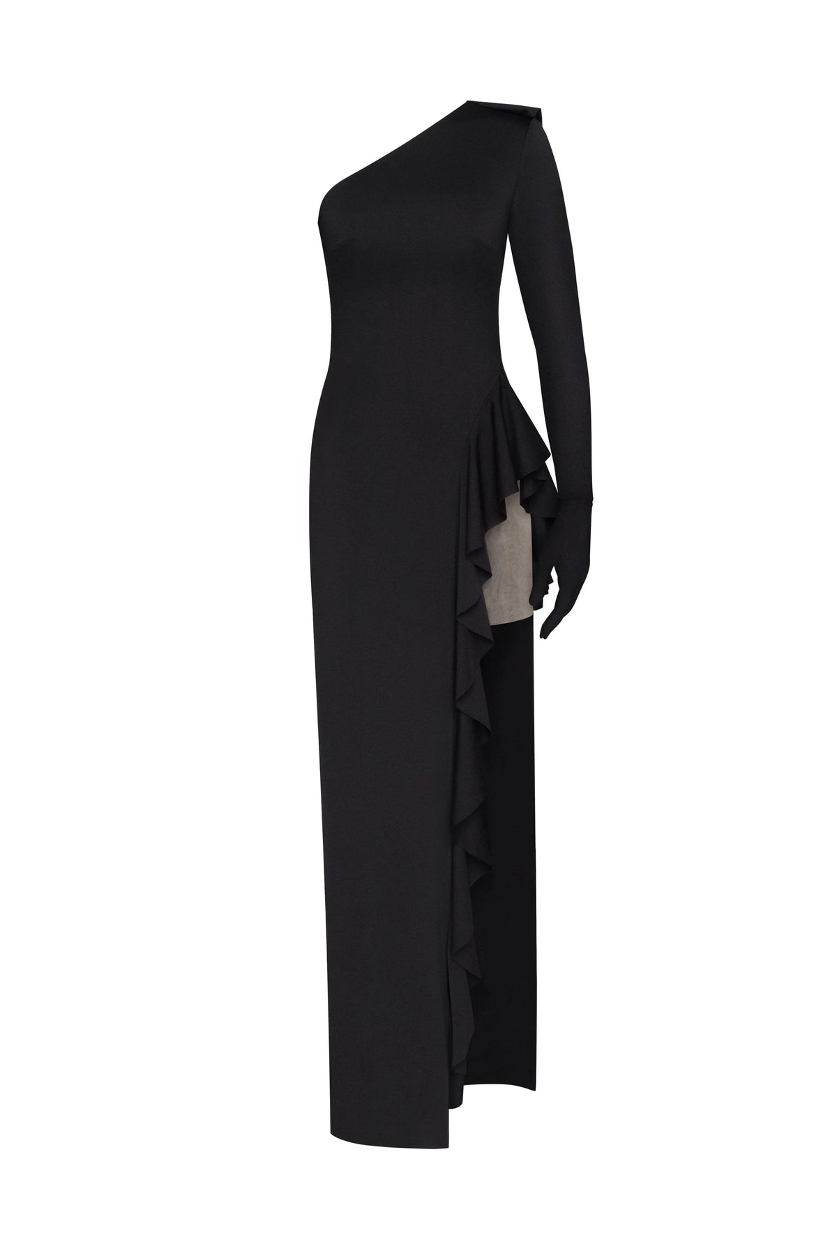 One shoulder ruffle trimmed maxi dress in black Xo Xo