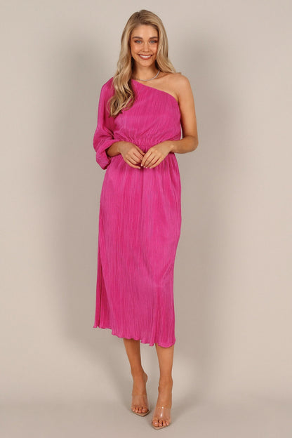Pontee One Shoulder Pleated Midi Dress Orchid