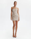 Sparkling beige mini dress with draping