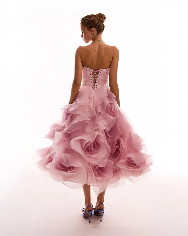 Dramatic flowered organza midi dress in misty rose Glow Up
